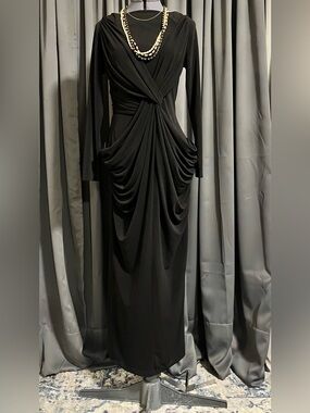 Black Long-Sleeve Draped Twist-Front Evening Dress